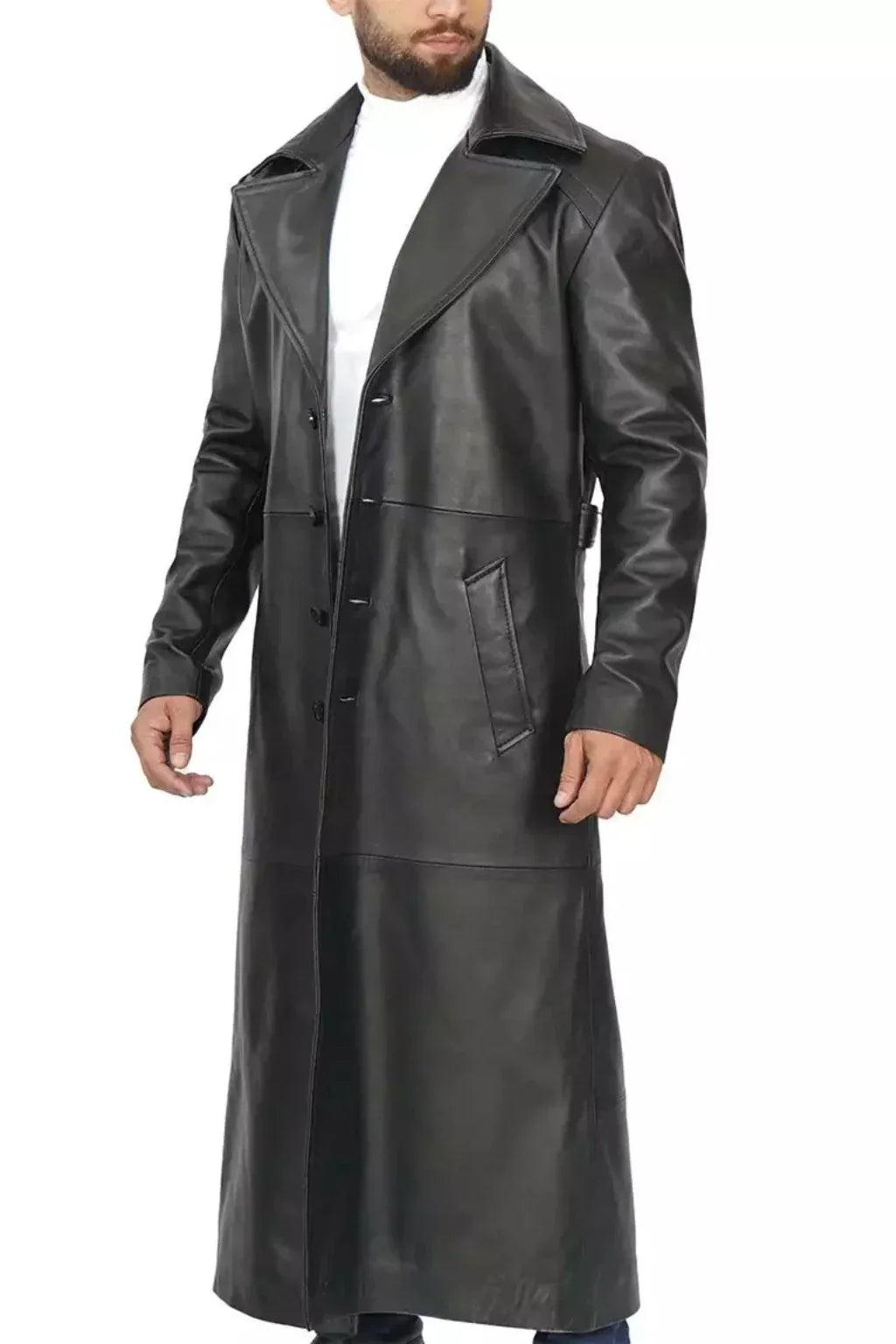 Sowachi Men's Long Black Leather Overcoat - Duster Coat