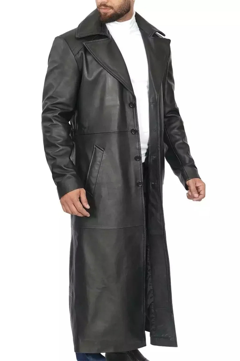 Sowachi Men's Long Black Leather Overcoat - Duster Coat