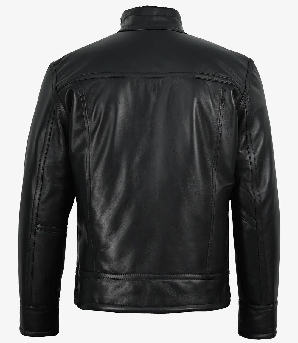 Sowachi Men's Premium Black Cafe Racer Leather Jacket with Fur Lining