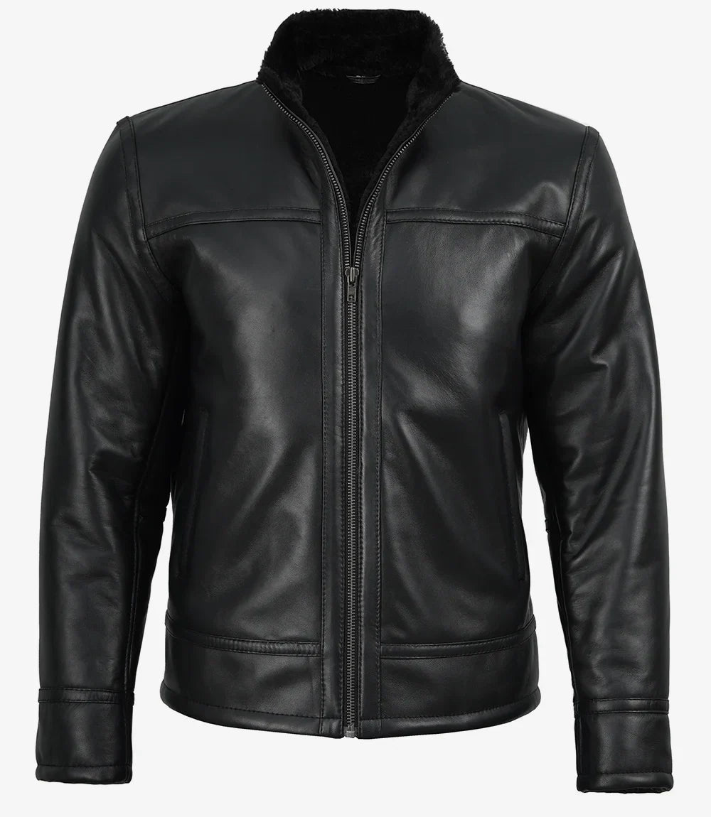 Sowachi Men's Premium Black Cafe Racer Leather Jacket with Fur Lining
