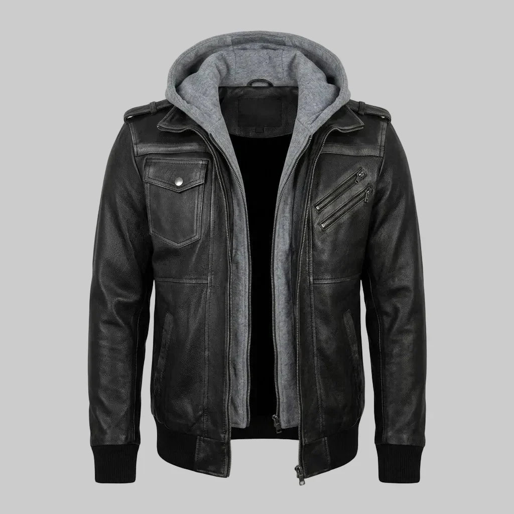 Sowachi Men's Real Sheepskin Black Leather Bomber Hooded Jacket