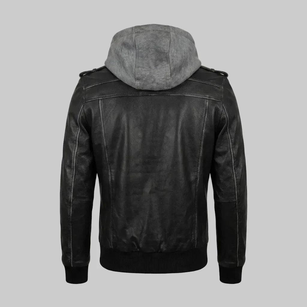 Sowachi Men's Real Sheepskin Black Leather Bomber Hooded Jacket