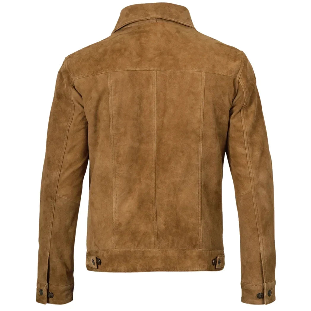 Sowachi Men's Real Suede Tan Button Down Leather Jacket