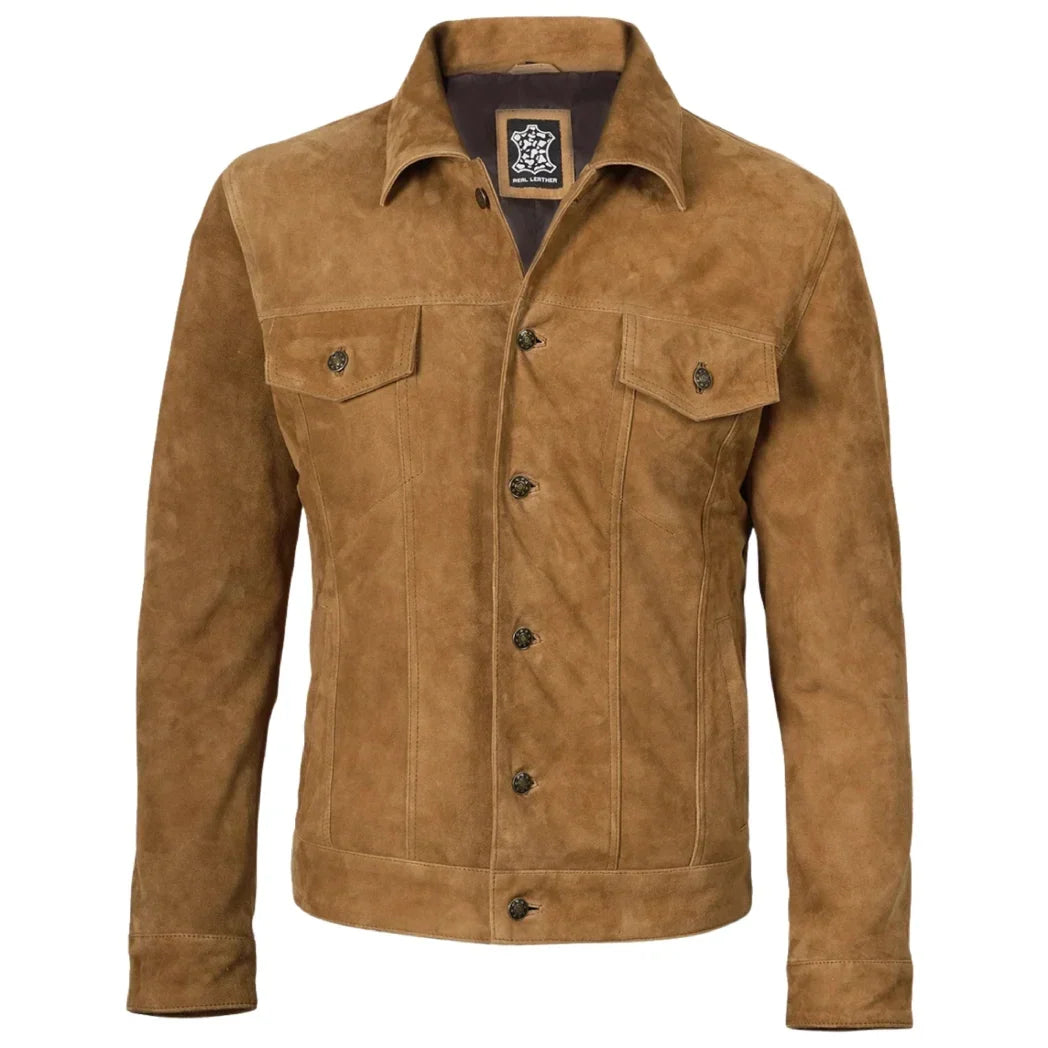 Sowachi Men's Real Suede Tan Button Down Leather Jacket