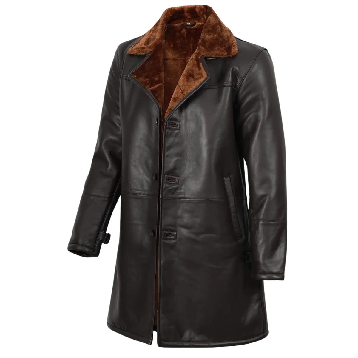 Sowachi Men's Sheepskin Leather 3/4 Length Dark Brown Shearling Coat
