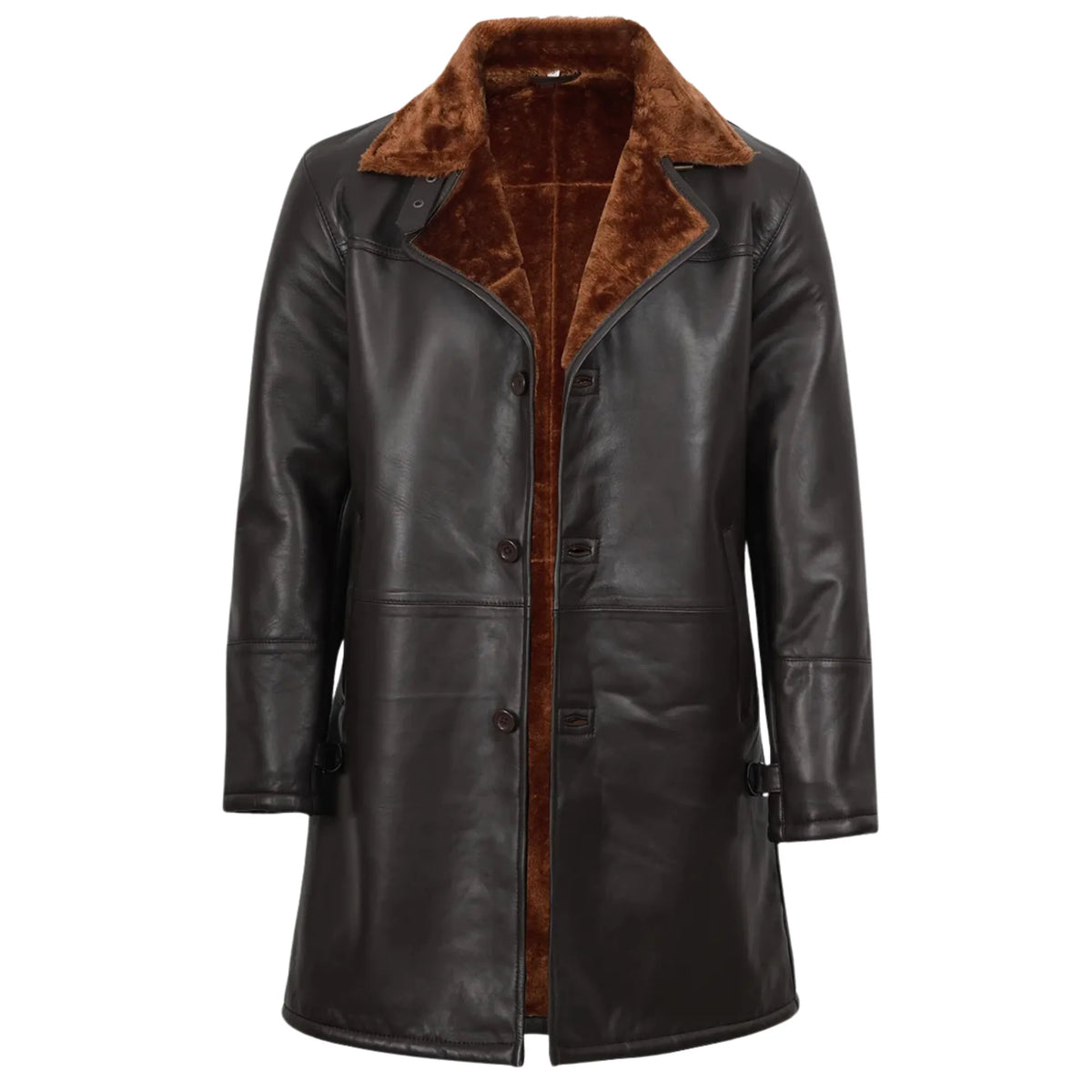 Sowachi Men's Sheepskin Leather 3/4 Length Dark Brown Shearling Coat