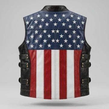 Sowachi Men's Sheepskin Leather American Flag Inspired Vest