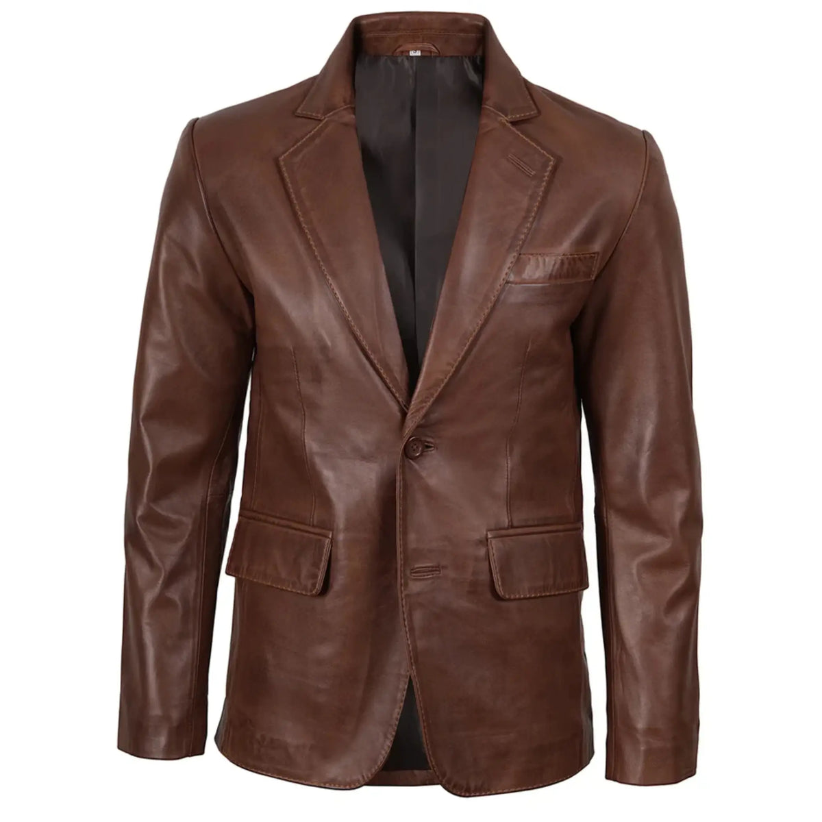 Sowachi Men's Two Button Brown Wax Leather Blazer