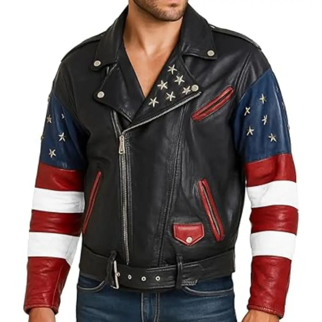 Sowachi Men's USA Flag Biker Sheepskin Leather Jacket