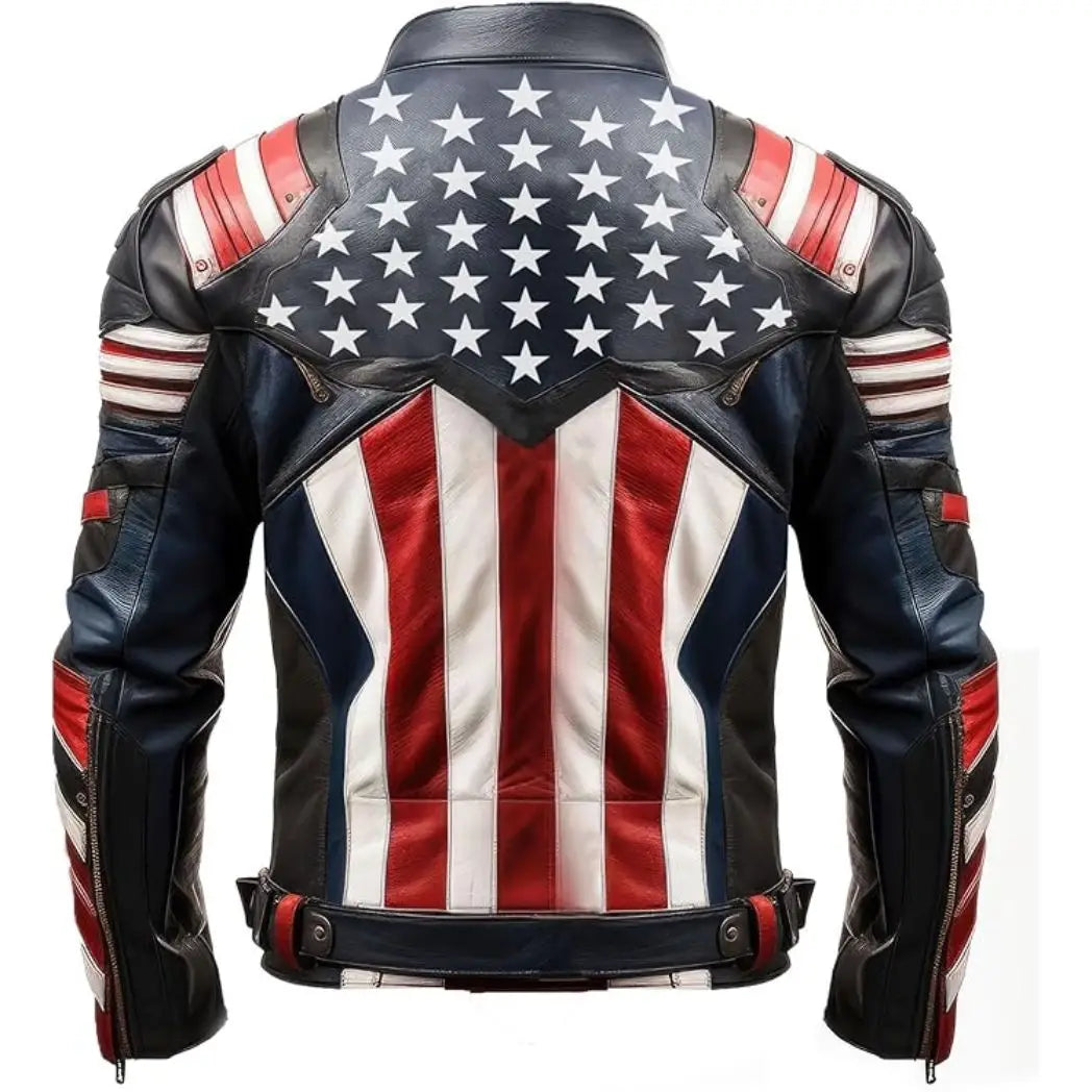 Sowachi Men's USA Flag Sheepskin Leather Biker Motorcycle Jacket