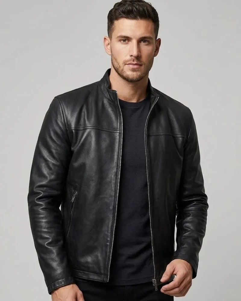 Sowachi Men's Biker Style Black Leather Jacket