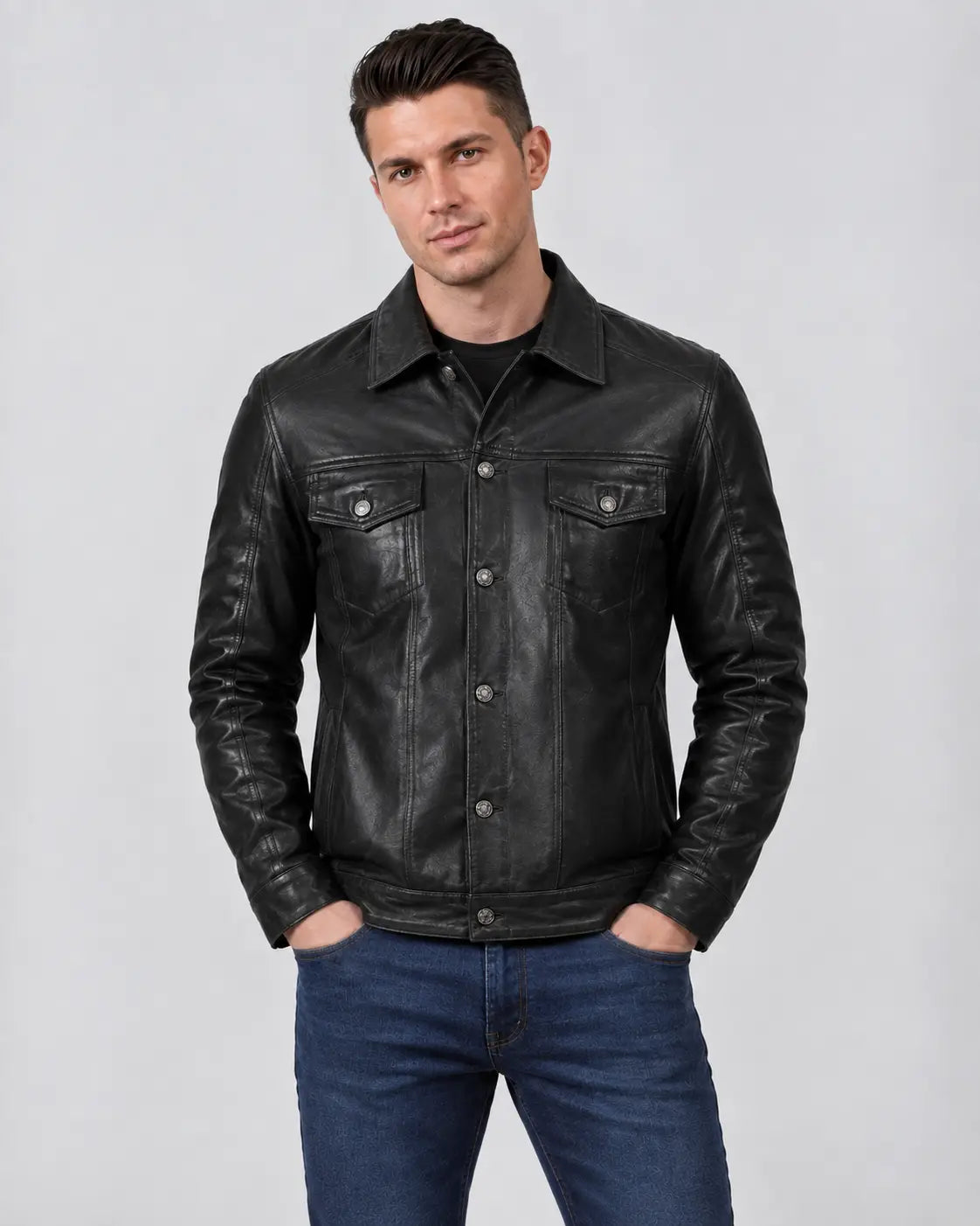 Sowachi Nayvren - Men's Black  Sheep Leather Trucker Jacket