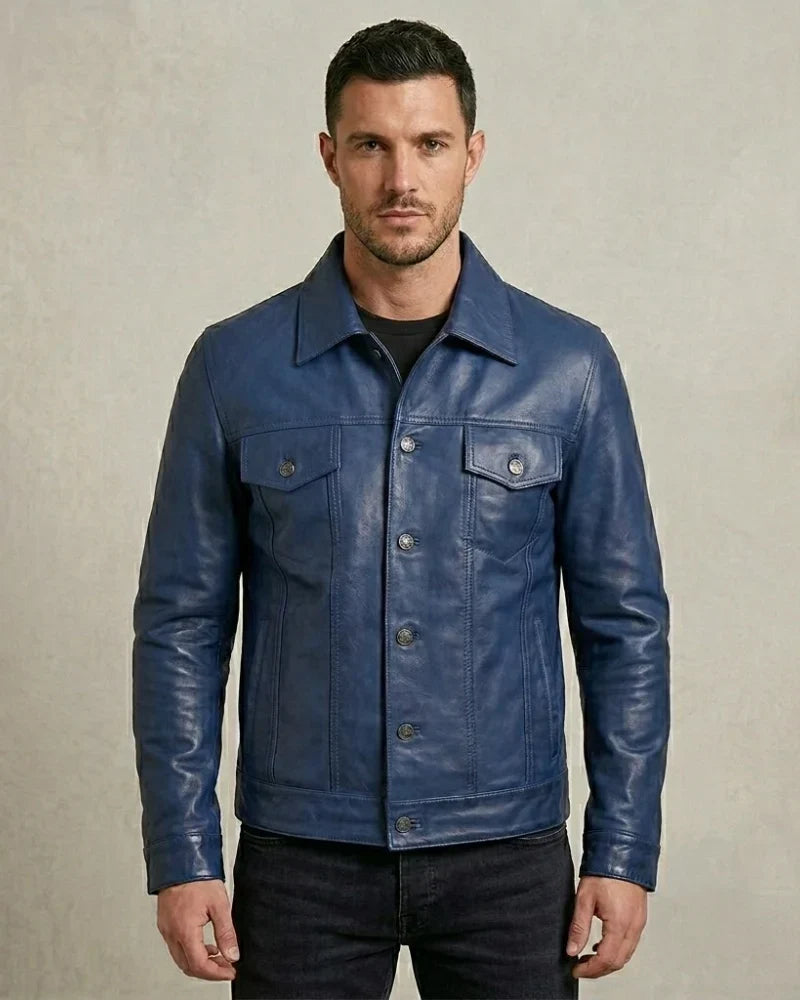 Sowachi Men's Blue Leather Trucker Jacket