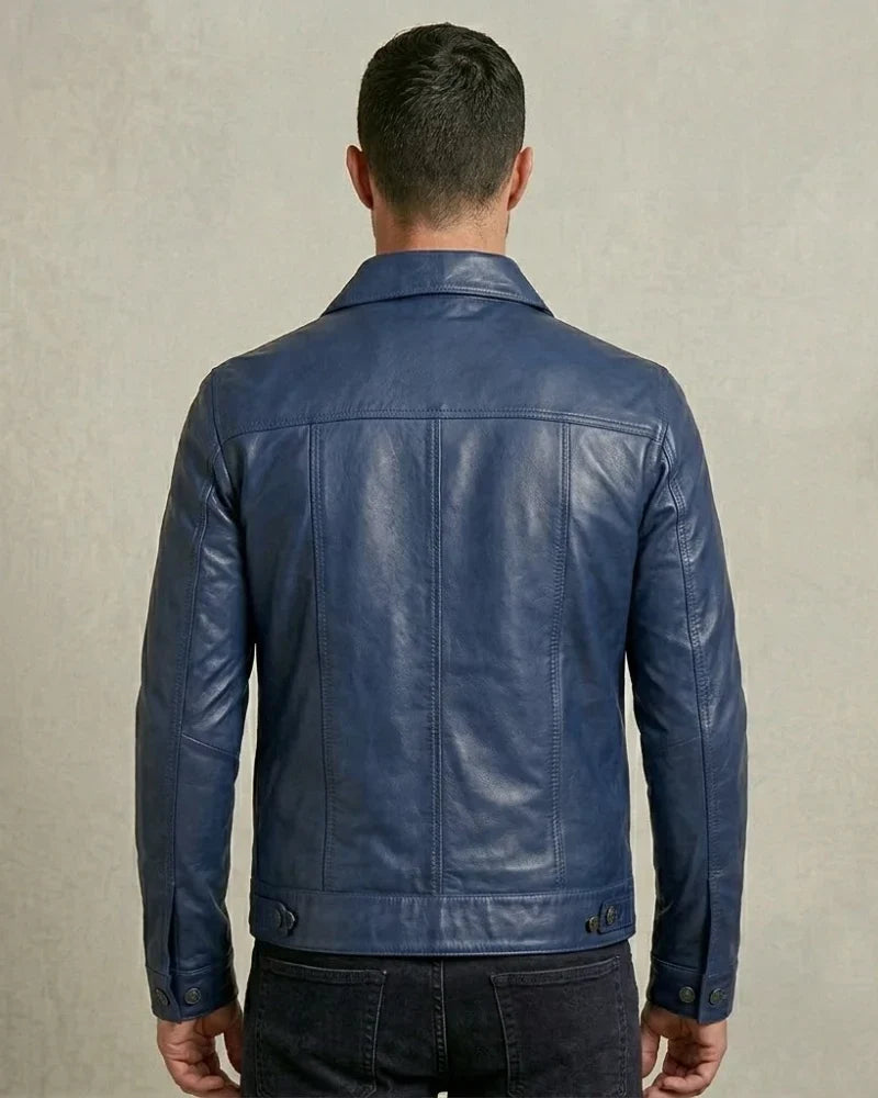 Sowachi Men's Blue Leather Trucker Jacket