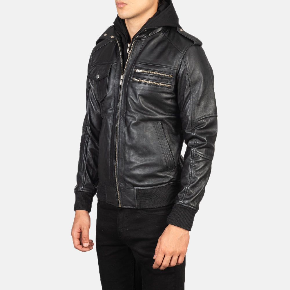 Sowachi Bravado Black Hooded Leather Bomber Jacket