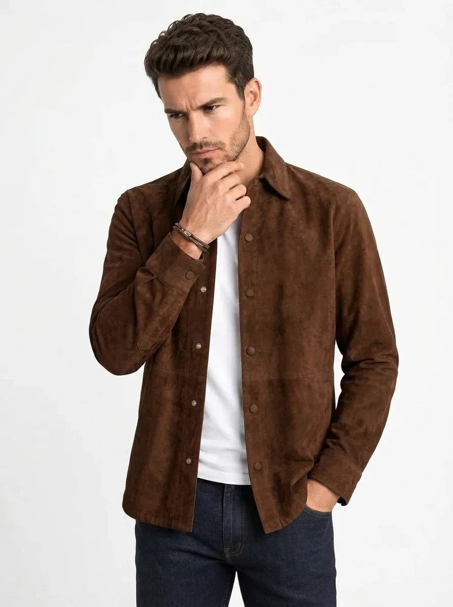 Sowachi Men’s Brown Goatskin Suede Leather Shirt