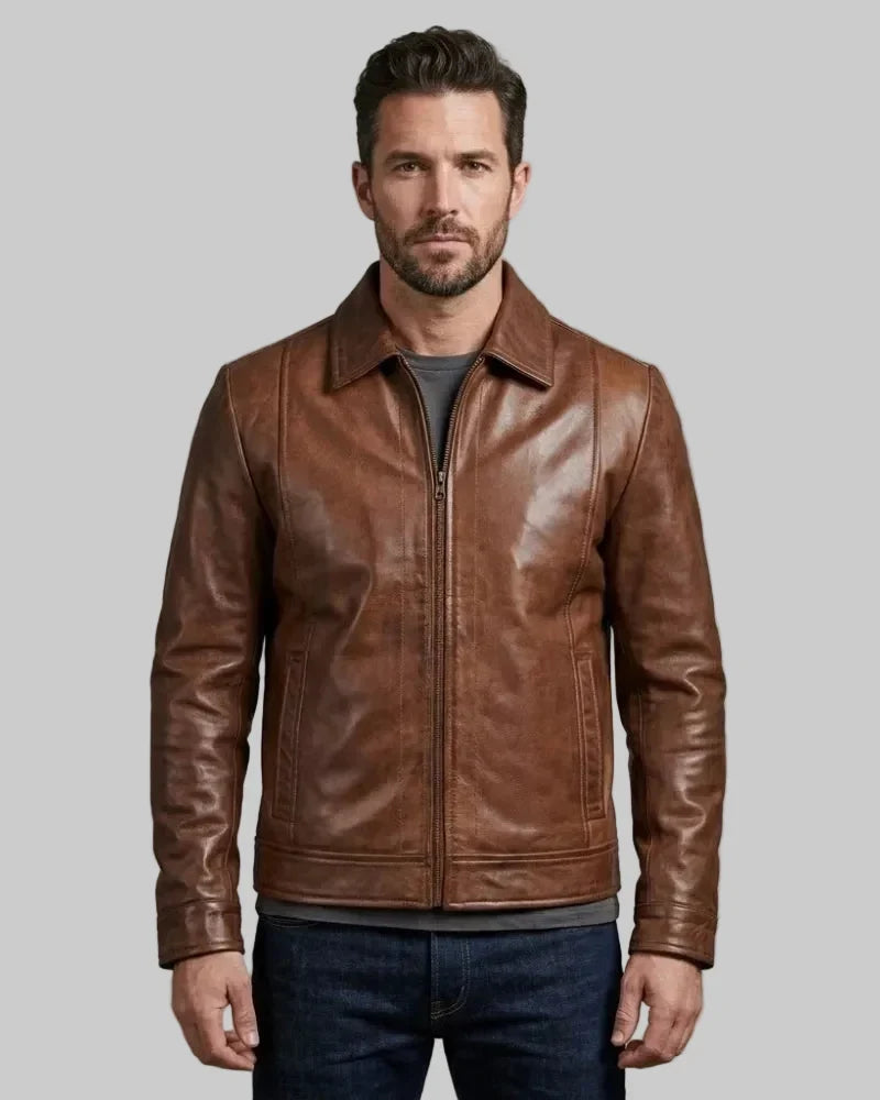 Sowachi Men's Brown Harrington Leather Jacket