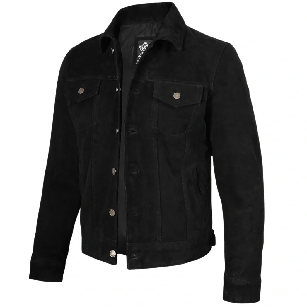 Sowachi Mens Premium Black Suede Trucker Leather Jacket