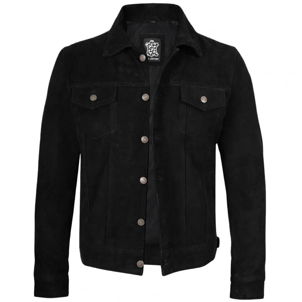 Sowachi Mens Premium Black Suede Trucker Leather Jacket