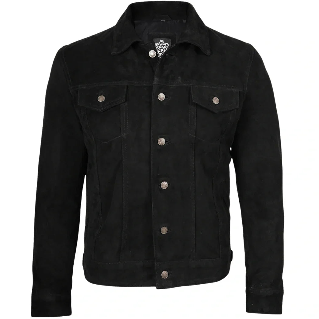 Sowachi Mens Premium Black Suede Trucker Leather Jacket