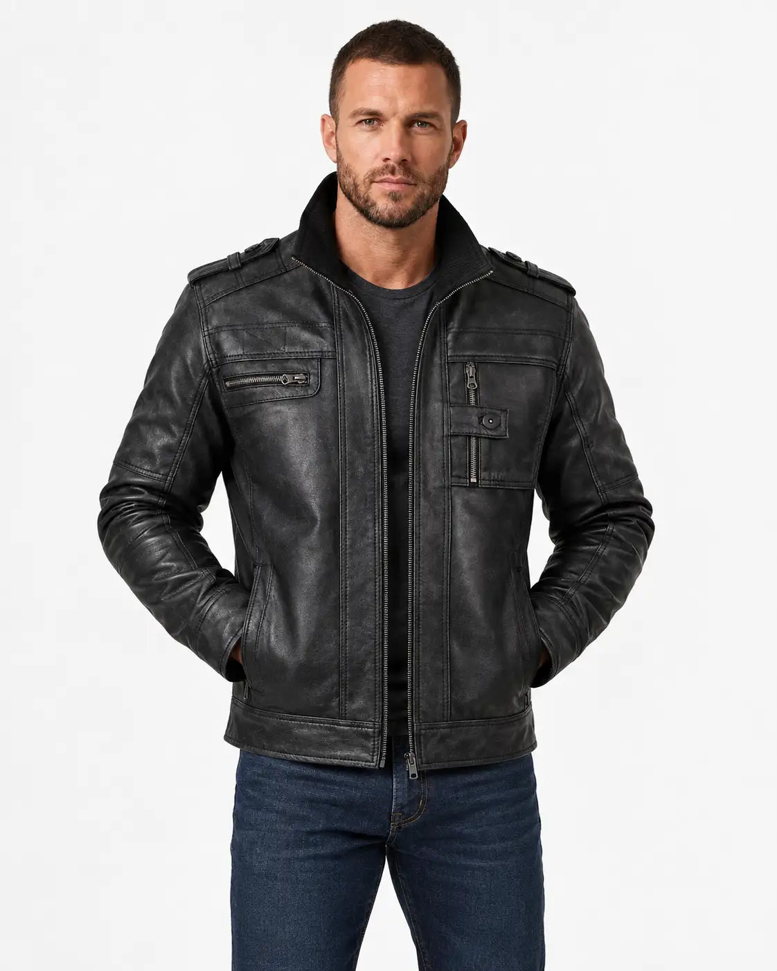 Sowachi Marco - Men's Distressed Black Leather Biker Style Jacket