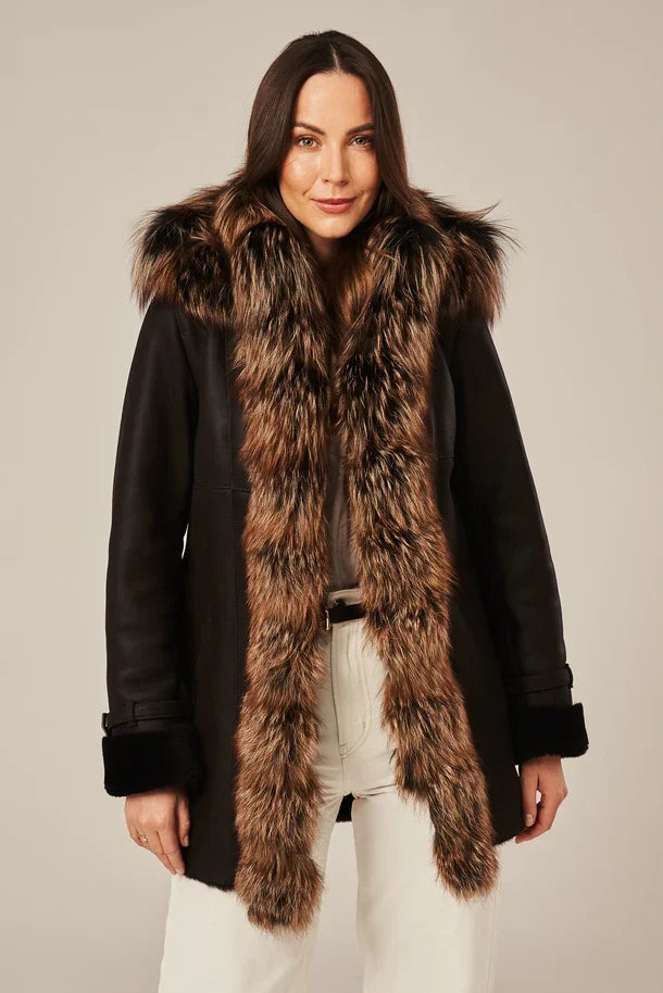 Sowachi Women's Black Shearling Coat with Fur Hood
