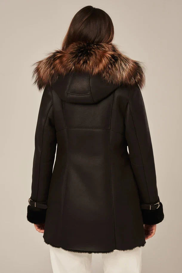 Sowachi Women's Black Shearling Coat with Fur Hood
