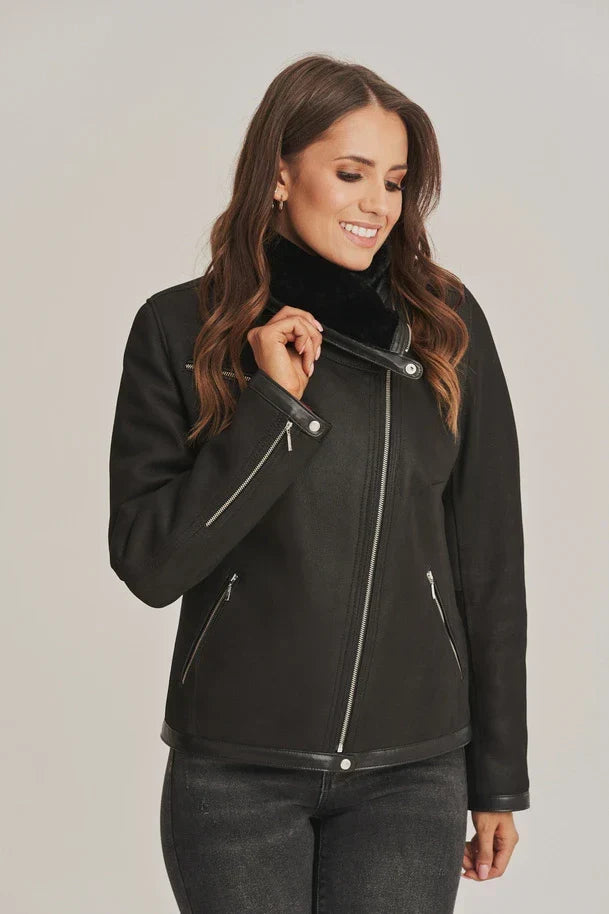 Sowachi Women's Black Sheepskin Biker Shearling Jacket
