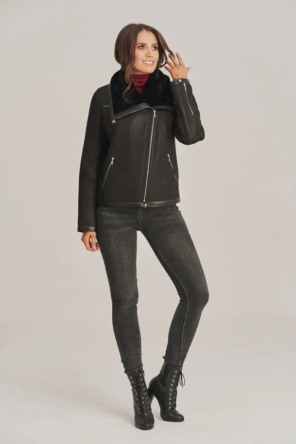 Sowachi Women's Black Sheepskin Biker Shearling Jacket