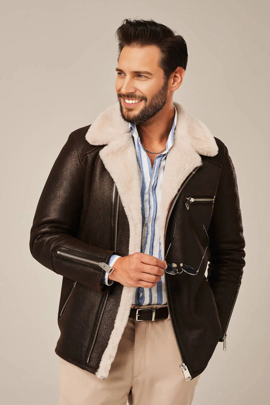 Sowachi B2 Brown Men's Sheepskin Leather Shearling Jacket