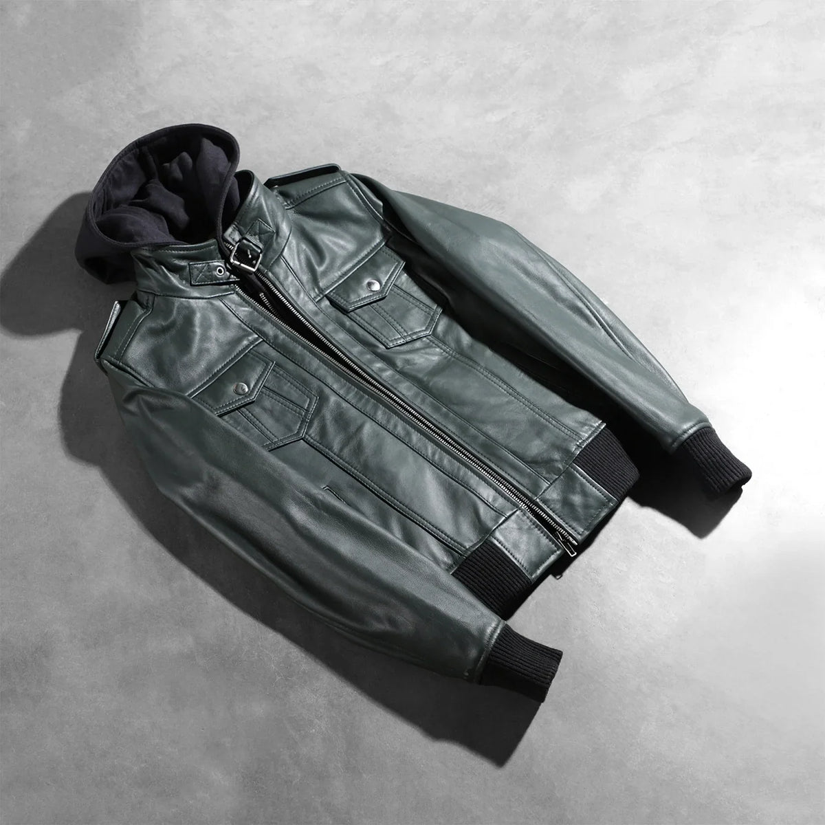 Sowachi Roslyn Green Hooded Leather Bomber Jacket