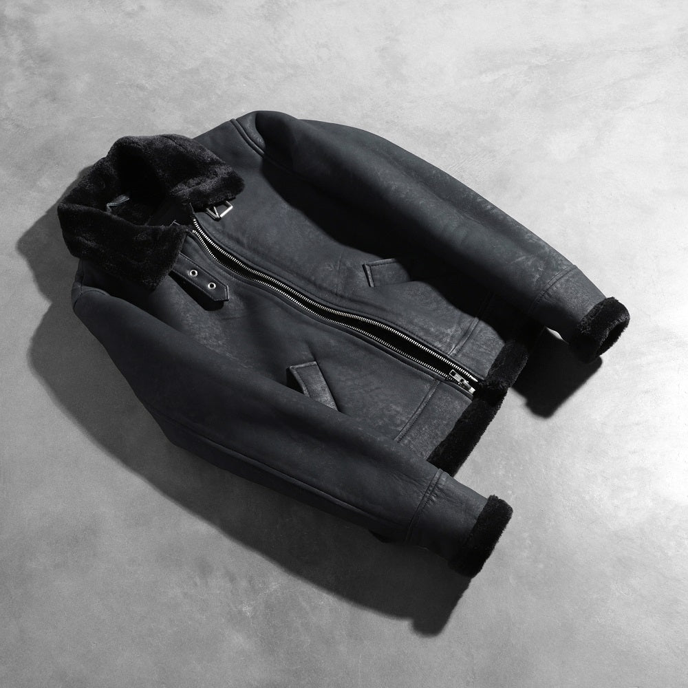 Sowachi Sherilyn B-3 Distressed Black Leather Bomber Jacket