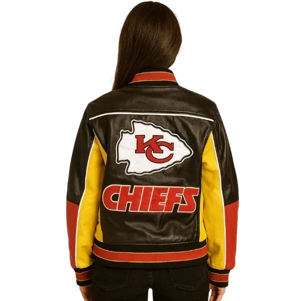 Sowachi Taylora - Women's Black Kansas City Chiefs Inspired Leather Bomber Jacket