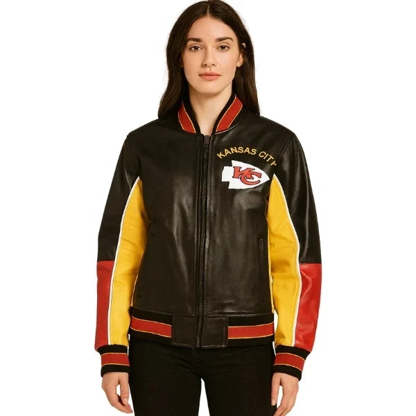 Sowachi Taylora - Women's Black Kansas City Chiefs Inspired Leather Bomber Jacket