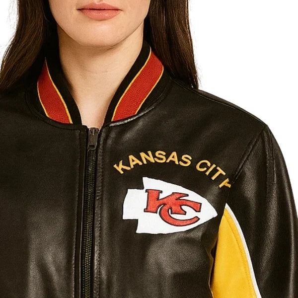 Sowachi Taylora - Women's Black Kansas City Chiefs Inspired Leather Bomber Jacket