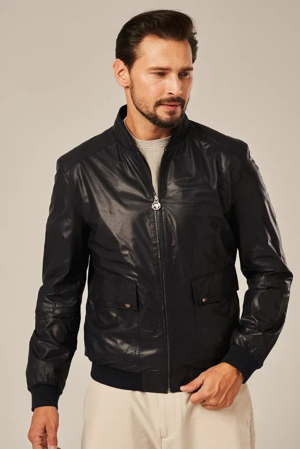 Sowachi Men's Dark Blue Leather Bomber Jacket