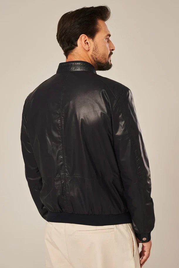 Sowachi Men's Dark Blue Leather Bomber Jacket