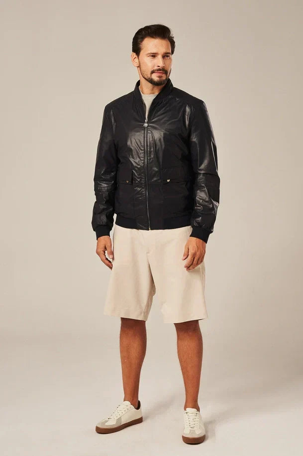 Sowachi Men's Dark Blue Leather Bomber Jacket