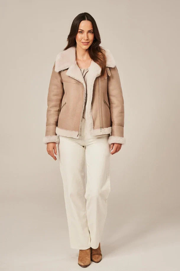 Sowachi Women's Beige Pilot Shearling Jacket