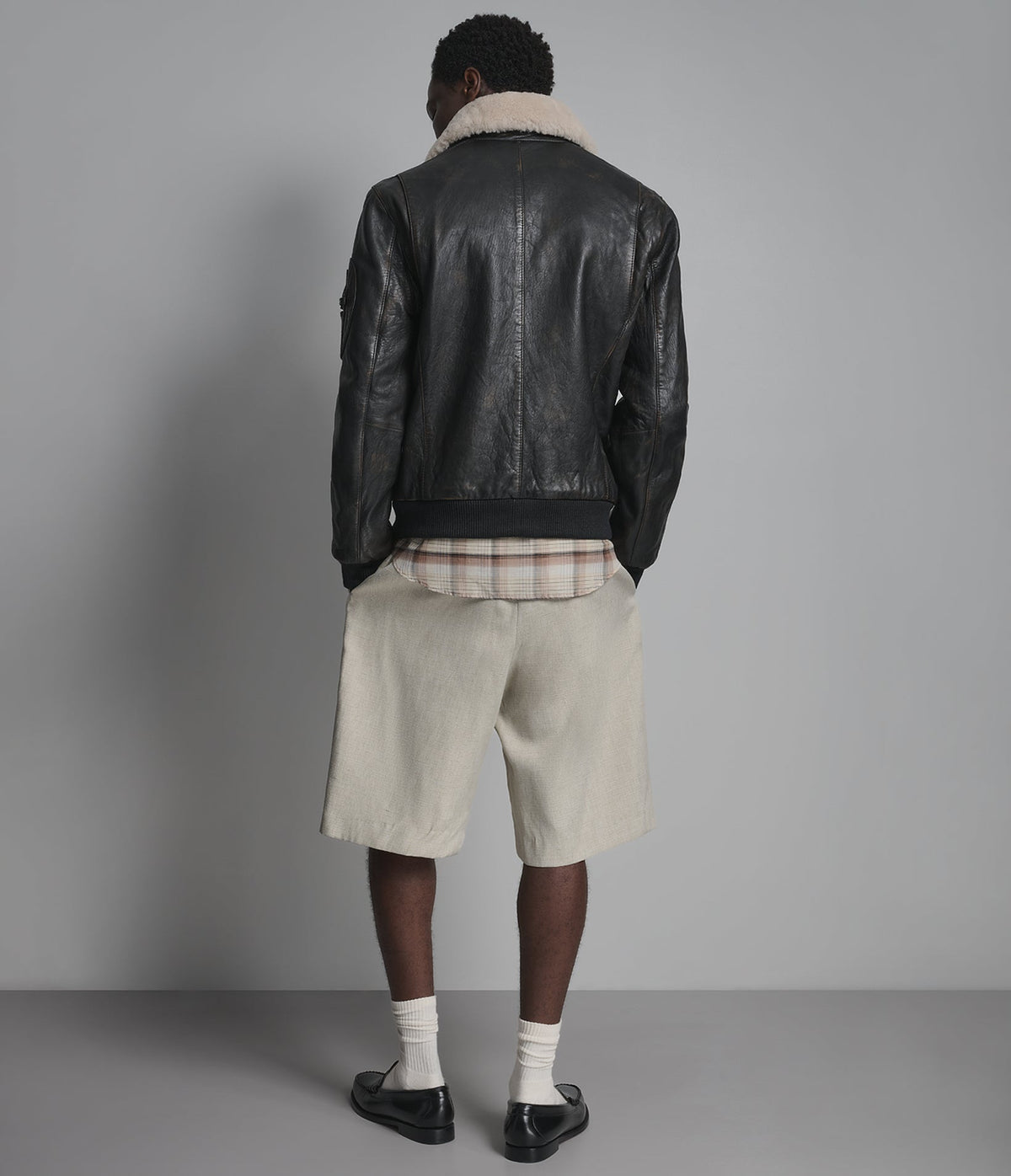 Jimmy Leather Aviator Bomber Jacket With Shearling Collar