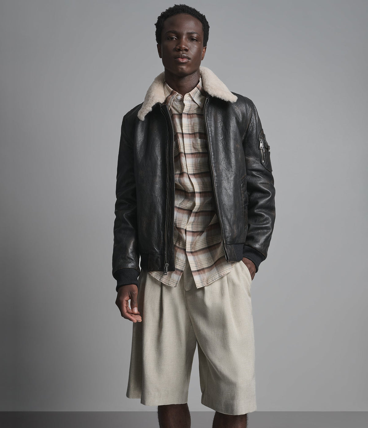 Jimmy Leather Aviator Bomber Jacket With Shearling Collar