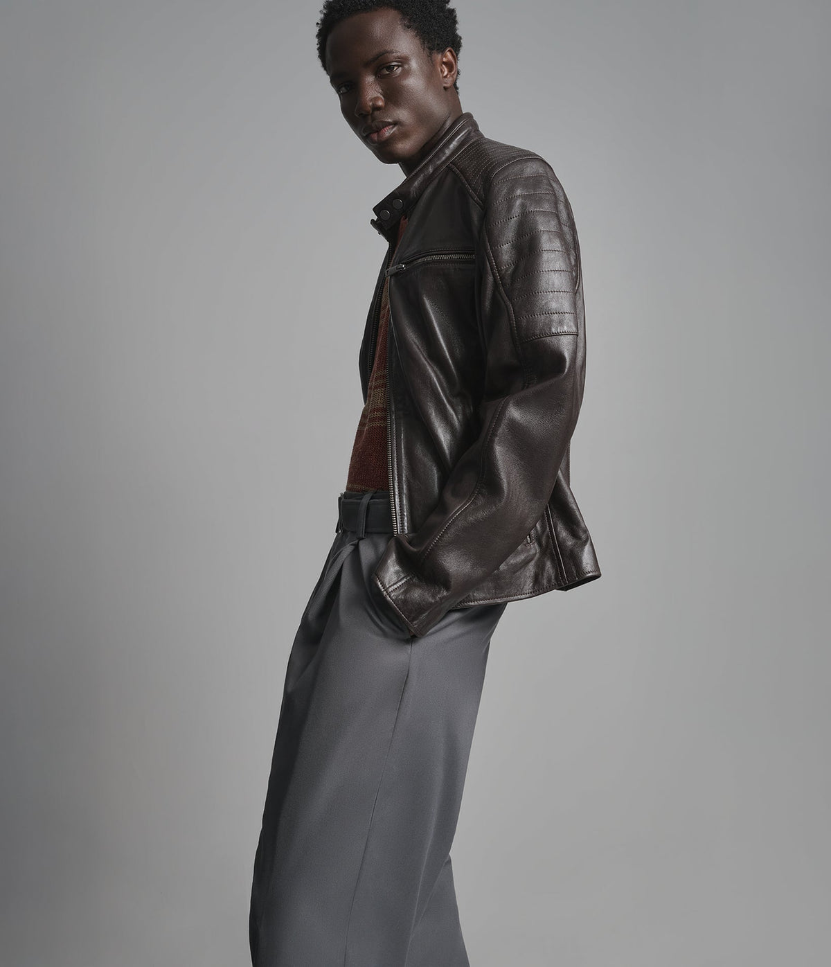 Lance Collarless Leather Moto Jacket