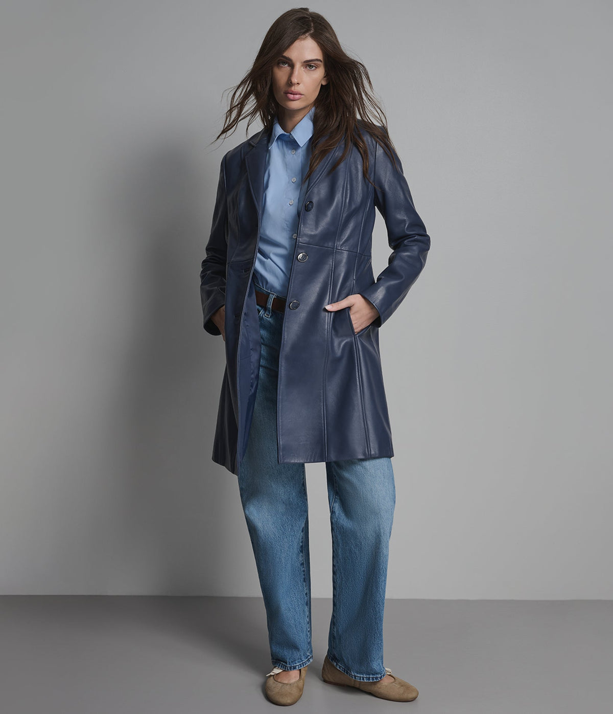Nora Button Down Leather Trench Coat