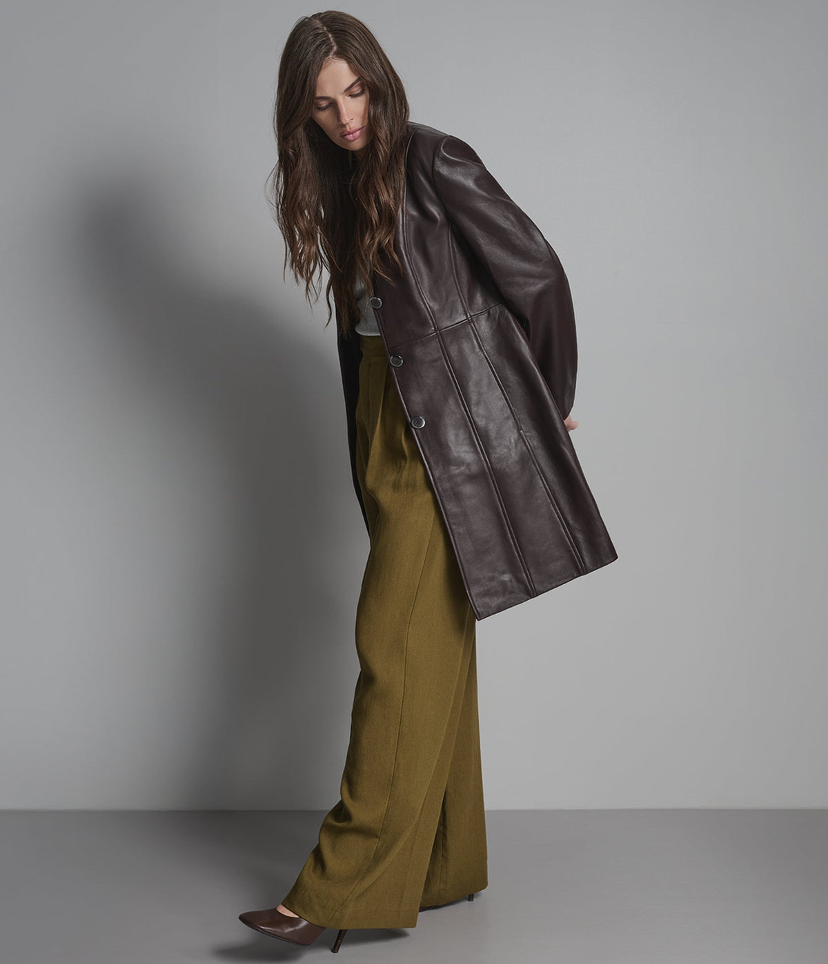 Nora Button Down Leather Trench Coat