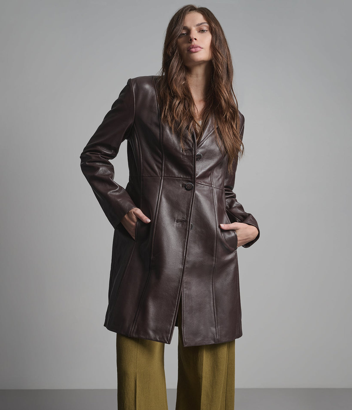 Nora Button Down Leather Trench Coat