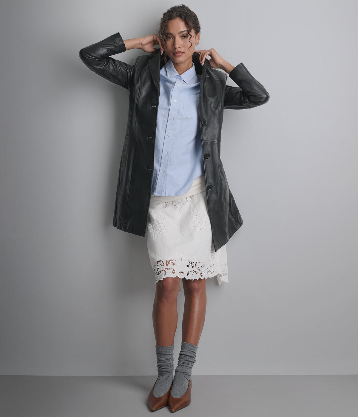 Nora Button Down Leather Trench Coat