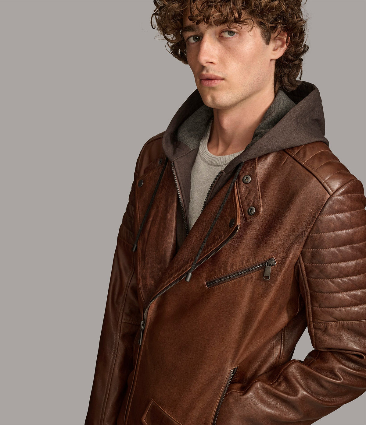 Andres Leather Moto Jacket With Zip Off Hood