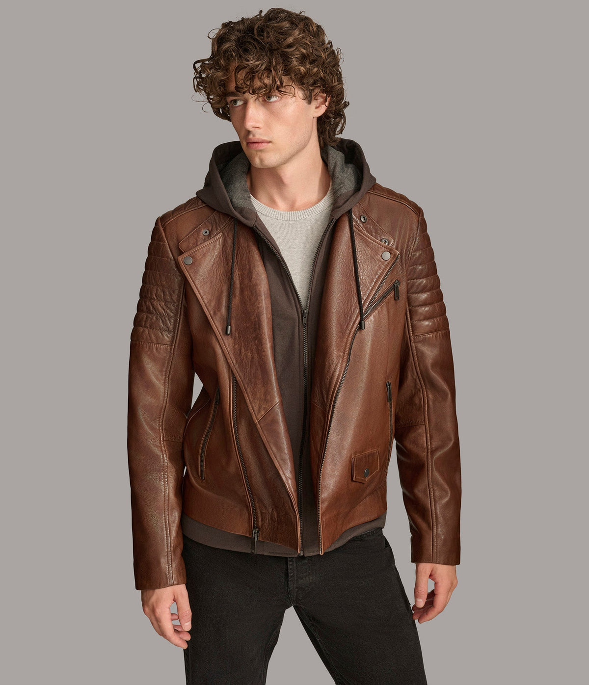 Andres Leather Moto Jacket With Zip Off Hood