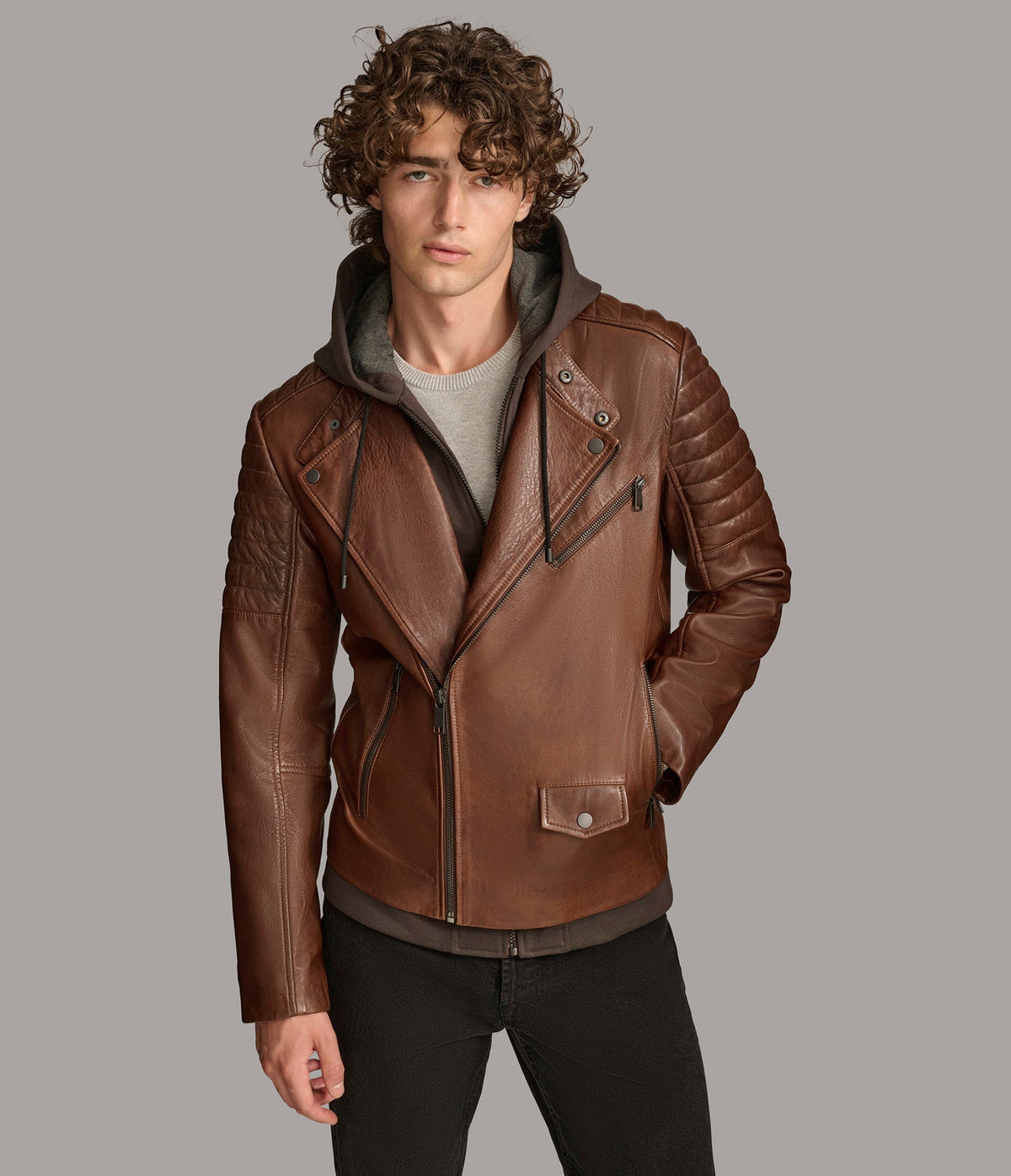 Andres Leather Moto Jacket With Zip Off Hood