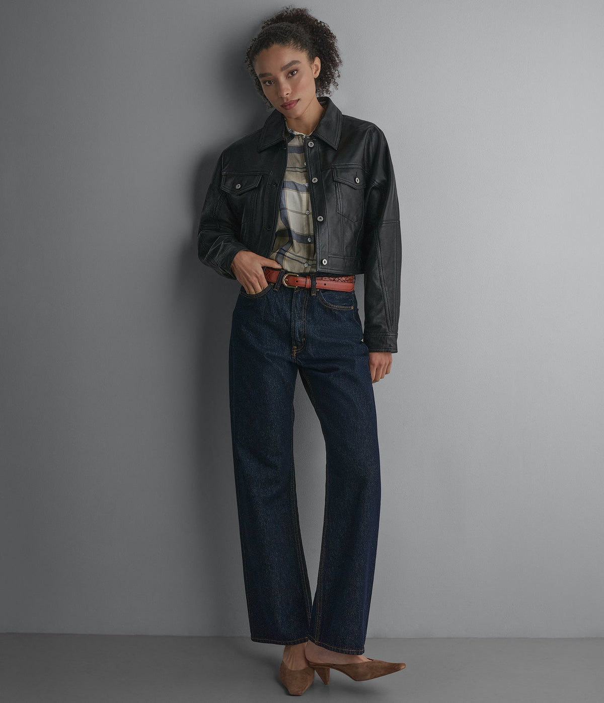 Jamie Dropped Shoulder Leather Trucker Jacket
